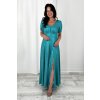 Dlhé spoločenské tyrkysové lesklé šaty s rukávom