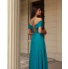 Dlouhé společenské tyrkysové šaty s padlými rameny a vázáním