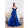 Dlouhé společenské královsky modré korzetové šaty s padlými rameny a tylem