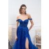 Dlhé spoločenské kráľovsky modré korzetové šaty s padnutými ramenami a tylom