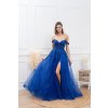 Dlouhé společenské královsky modré korzetové šaty s padlými rameny a tylem
