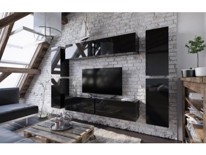 Obývací stěna BOX 2 černá/černá lesk, Obývací stěna BOX 2 černá/černá lesk