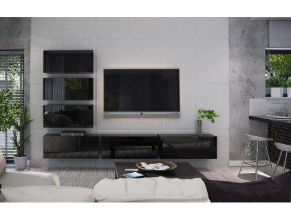 Obývací stěna BOX 4 černá/černá lesk, Obývací stěna BOX 4 černá/černá lesk