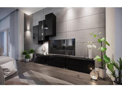 Obývací stěna BOX 5 černá/černá lesk, Obývací stěna BOX 5 černá/černá lesk