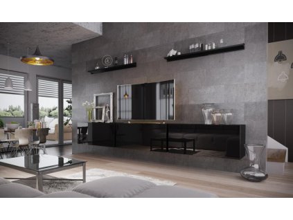 Obývací stěna BOX 6 černá/černá lesk, Obývací stěna BOX 6 černá/černá lesk