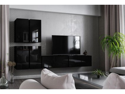 Obývací stěna BOX 8 černá/černá lesk, Obývací stěna BOX 8 černá/černá lesk