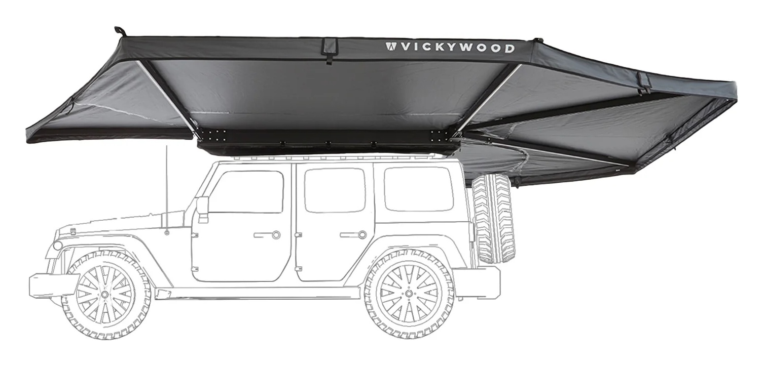 VICKYWOOD LEAF EXTENDED 270° 250 cm – levá rozložená markýza s ilustračním obrysem vozidla