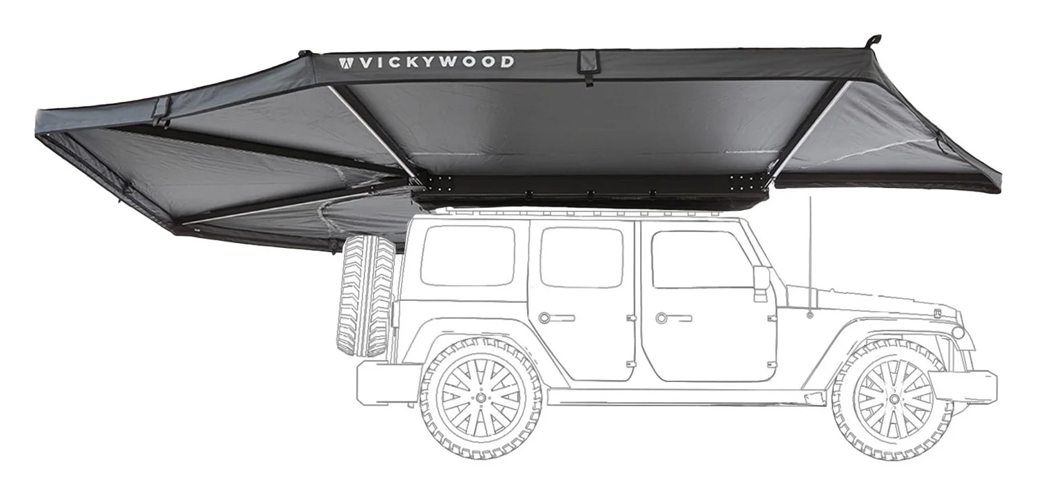 VICKYWOOD LEAF EXTENDED 270° 250 cm – pravá rozložená markýza s ilustračním obrysem vozidla