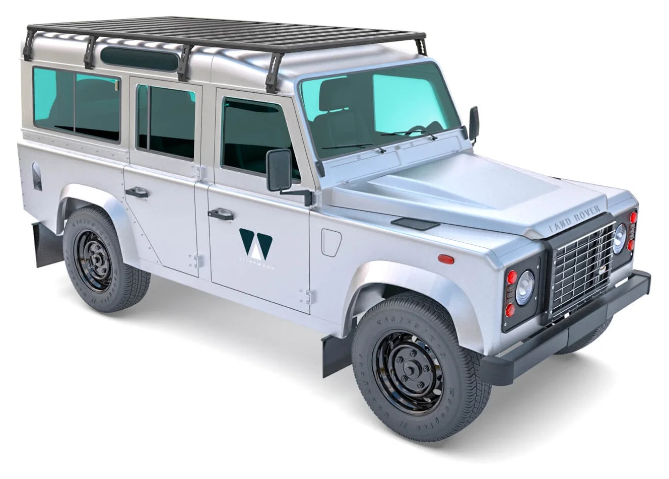 VICKYWOOD Land Rover Defender 110 (1983–2016) – celkový pohled na nosič na vozidle