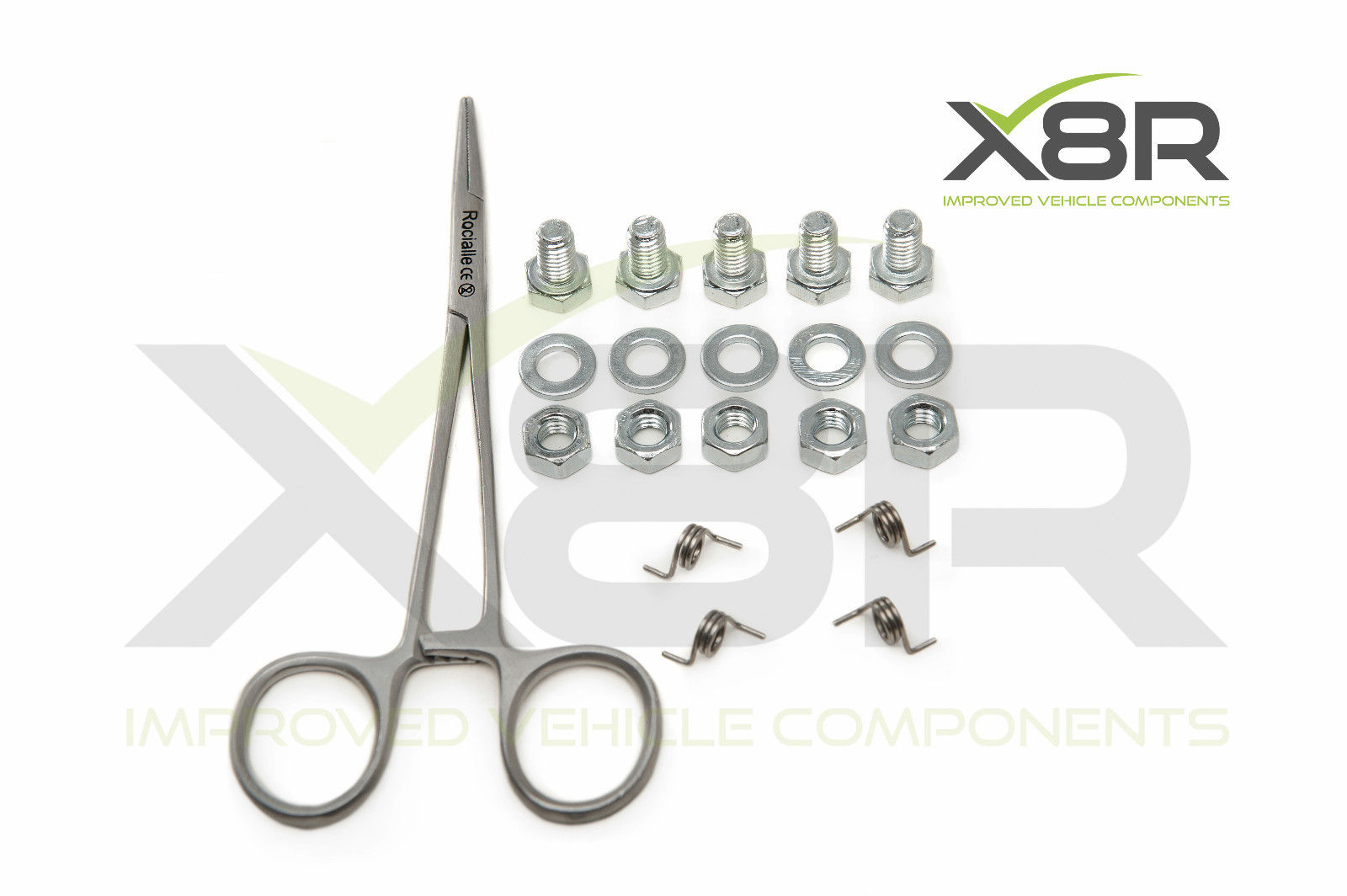Obsah sady X8R0007 – 4 pružiny, montážní kleště a spojovací materiál