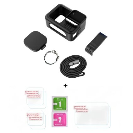 OCHRANNÝ SET - SILIKONOVÝ KRYT S KRYTKOU, POUTKO, NABÍJECÍ DVÍŘKA A OCHRANNÁ SKLA PRO GoPro HERO13 - ČERNÝ