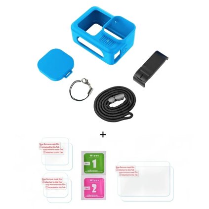 OCHRANNÝ SET - SILIKONOVÝ KRYT S KRYTKOU, POUTKO, NABÍJECÍ DVÍŘKA A OCHRANNÁ SKLA PRO GoPro HERO13 - MODRÝ