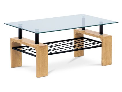Konferenční stolek 110x60x44, čiré tvrzené sklo, MDF dekor divoký dub, kov černá