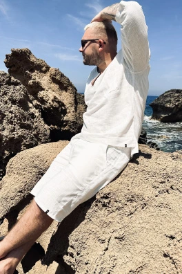 GoldBee Pánské Lněné Šortky White (Barva White, Velikost L)