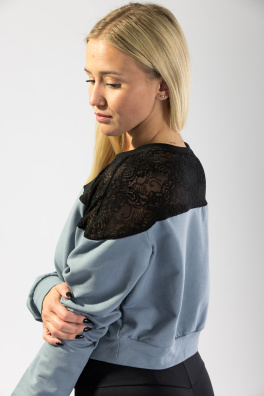 GoldBee Čipková Crop Mikina Dusty Blue (Barva Dusty Blue, Velikost L)