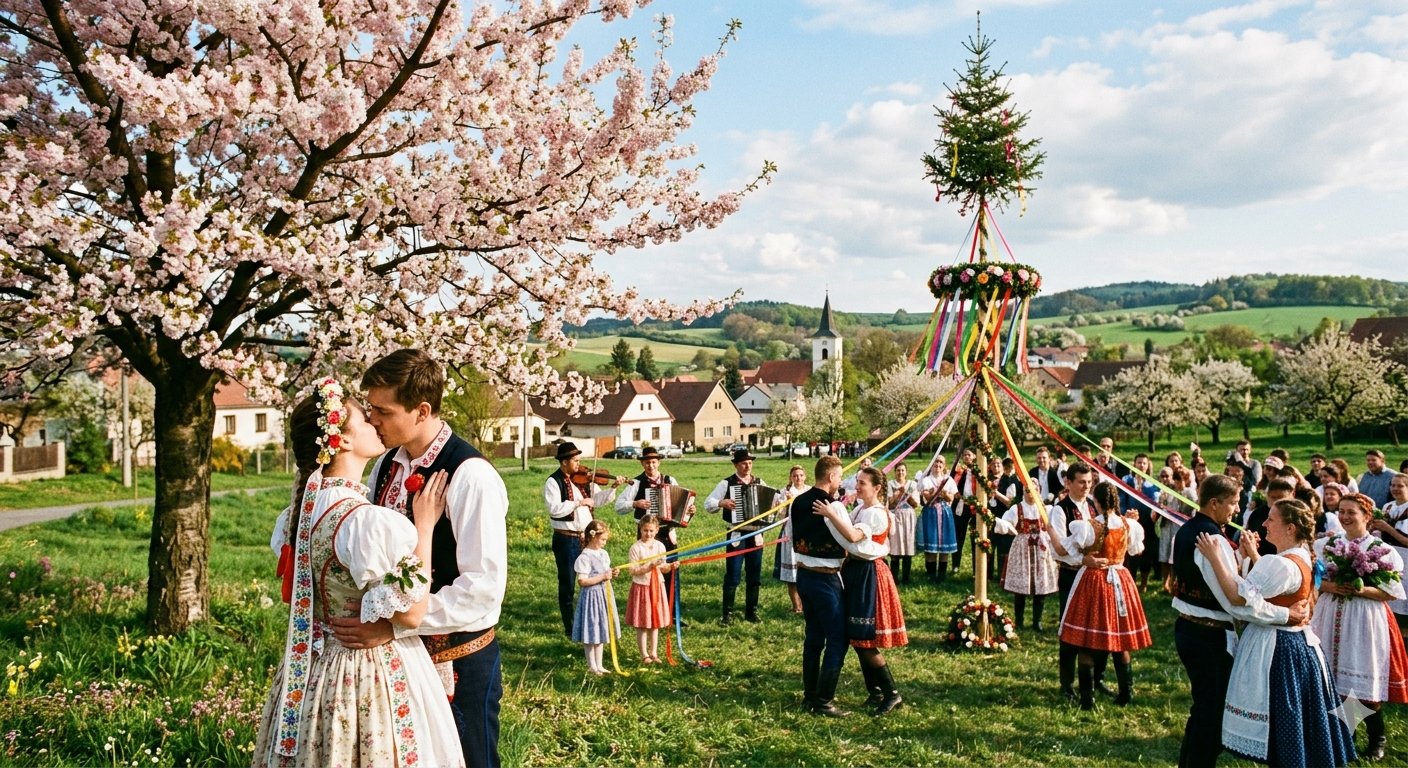 Májka ozdobená stuhami a květinami, jarní atmosféra