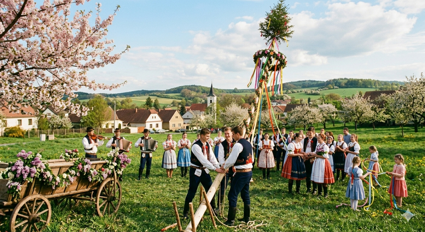 Jarní louka, tancování kolem májky, romantická atmosféra