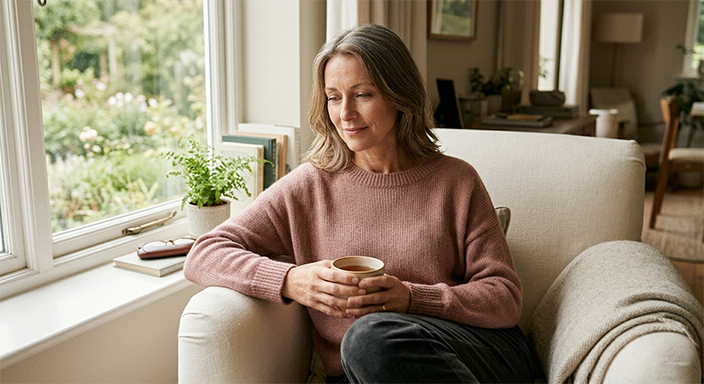 Žena v období premenopauzy v klidném domácím prostředí pečuje o sebe
