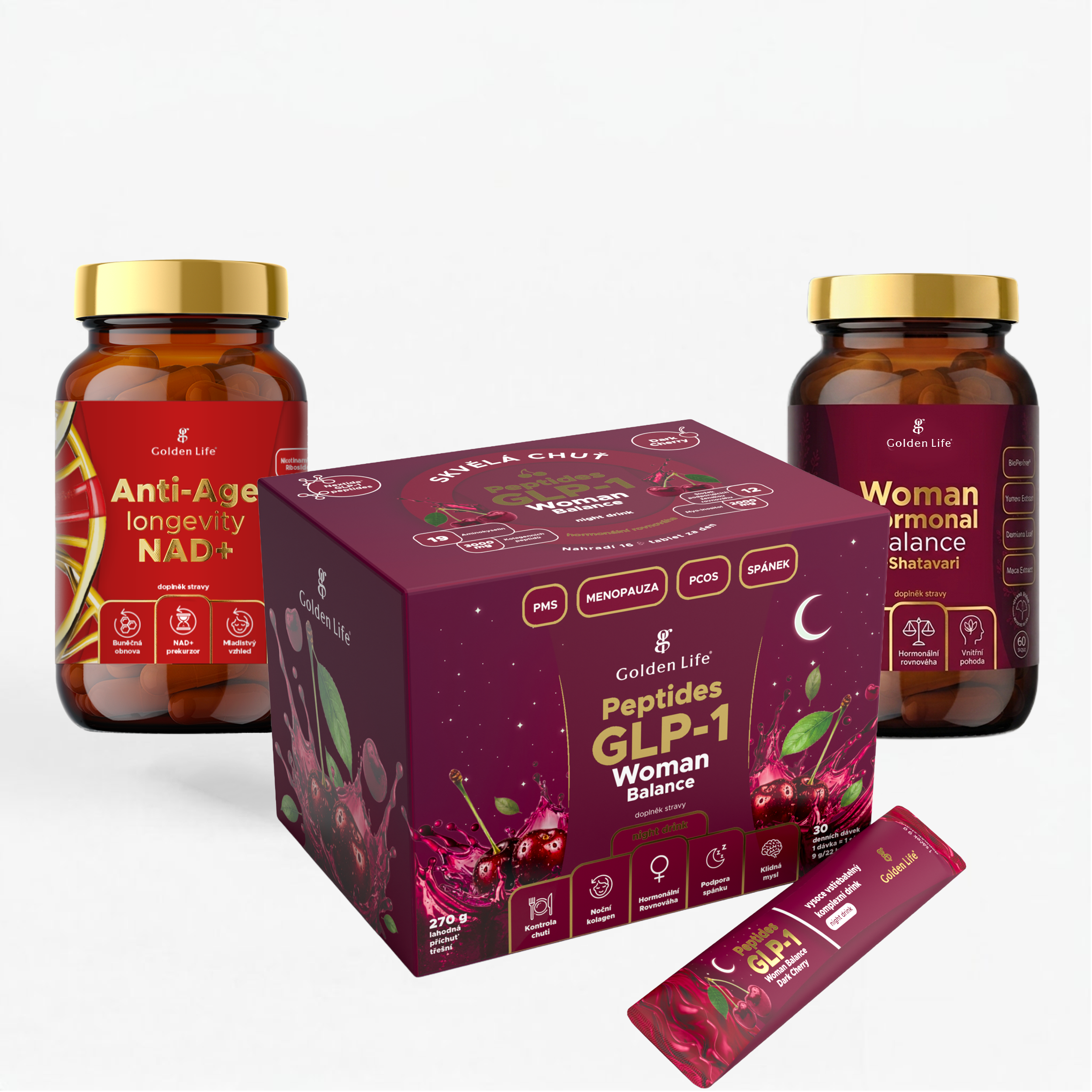 Hormonal Trio – Woman Hormonal Balance, Peptides GLP-1 Woman Balance Dark Cherry a Anti-Age Longevity NAD+
