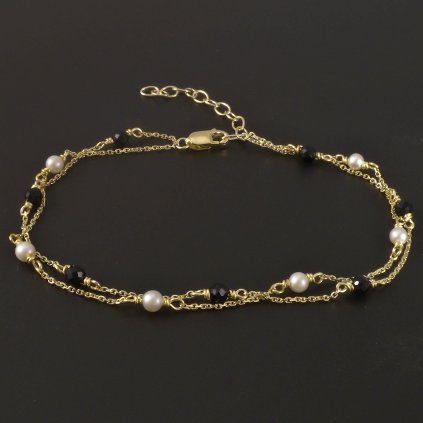 Zlatý náramek černý spinel a perly