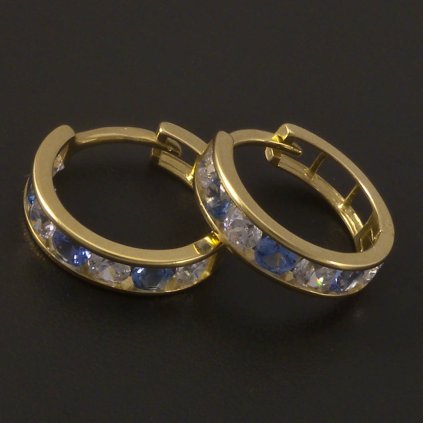 Dětské náušnice žluté zlato modré a bílé zirkony