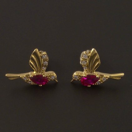 Zlaté náušnice kolibříci rubín a zirkony