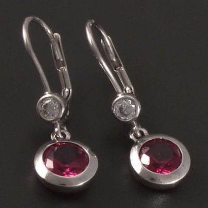 Visací náušnice bílé zlato rubín a zirkony