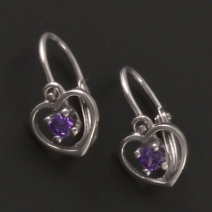 Stříbrné náušnice pro miminka fialové srdce