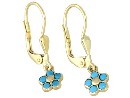 Zlaté jemné náušnice kytičky s tyrkysy