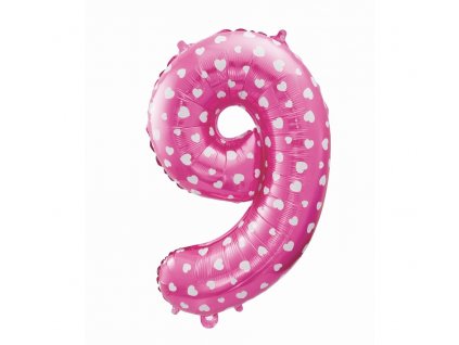 Fóliový balón číslo 9 se srdíčky - růžová - 65 cm