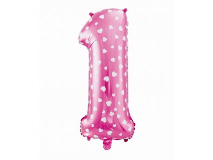Fóliový balón číslo 1 so srdiečkami - ružová - 65 cm
