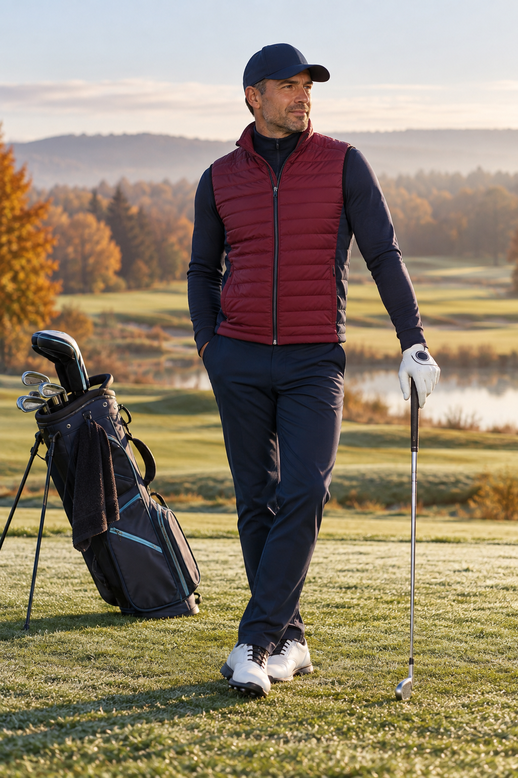 Pánský podzimní golfový outfit s vínovou vestou a tmavomodrými kalhotami