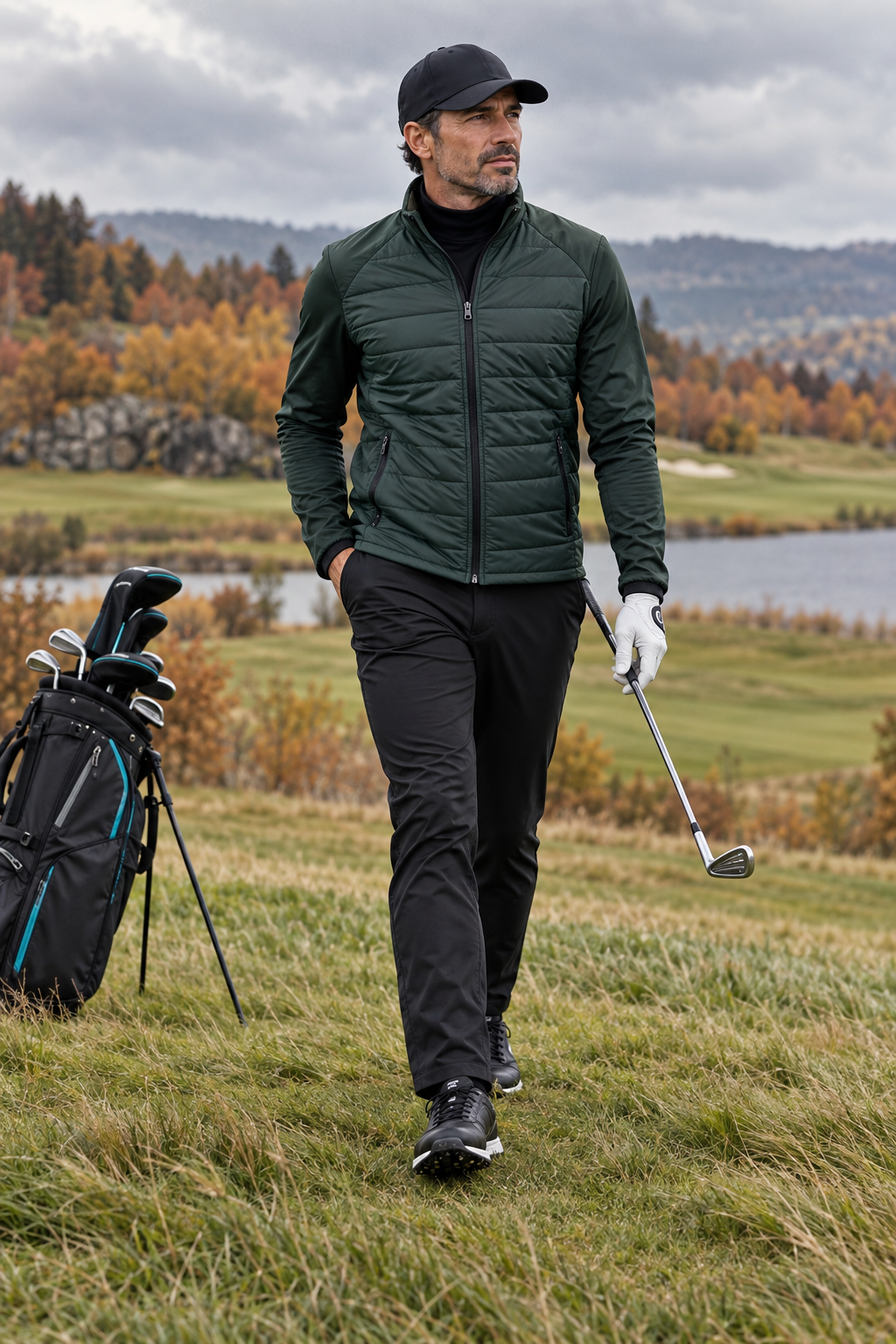 Pánský podzimní golfový outfit v zelené a černé barvě