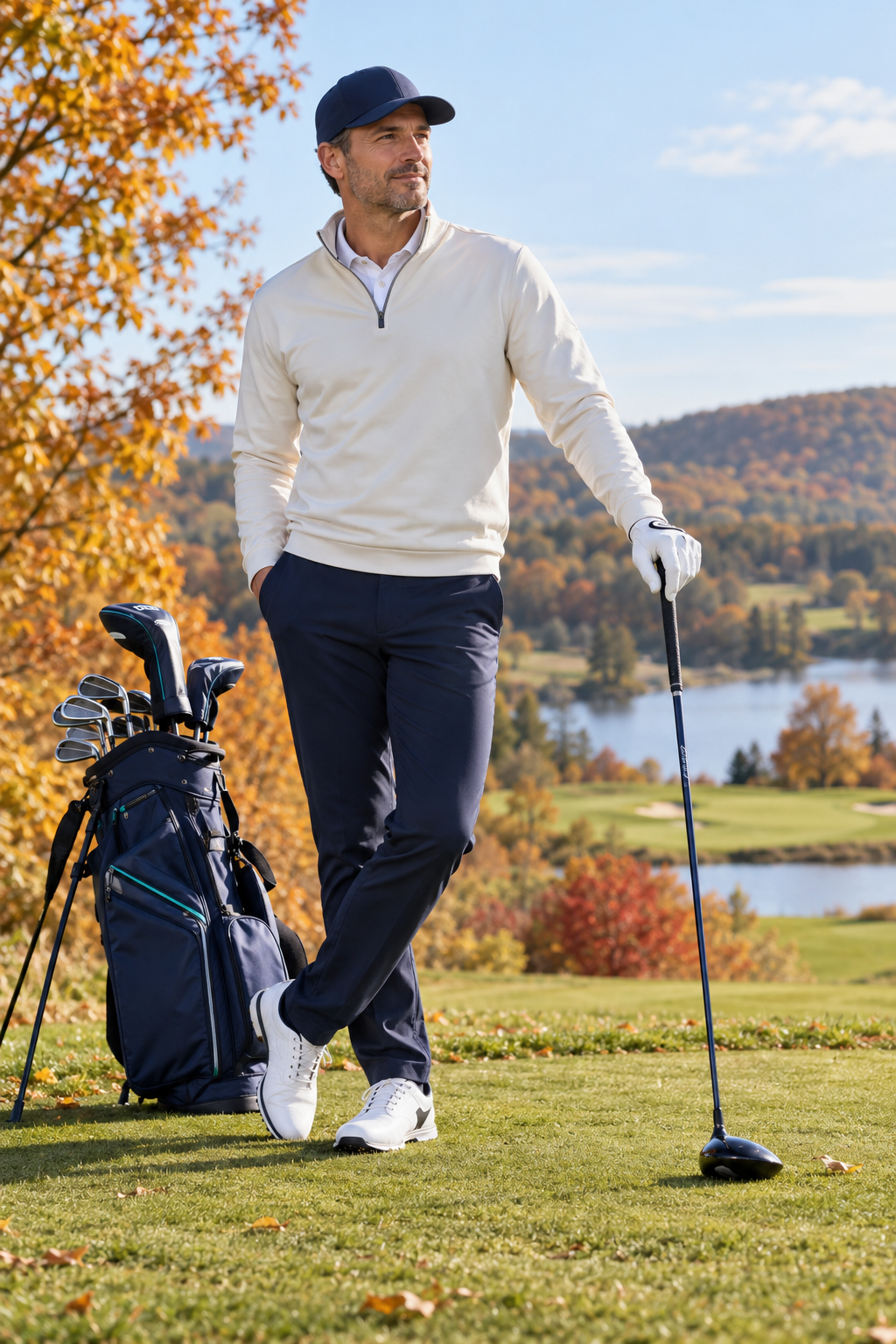 Elegantní pánský golfový outfit v krémové a námořnické modré