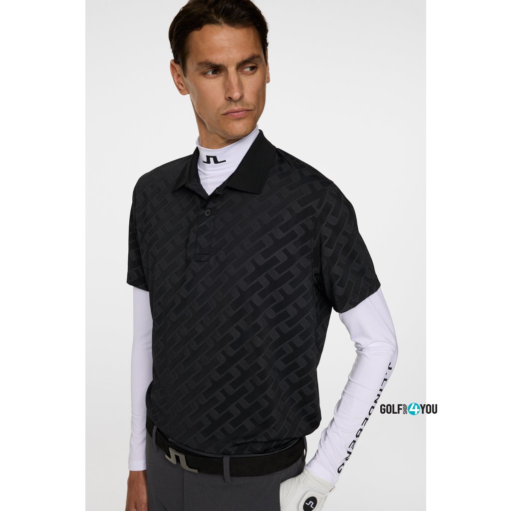 J.Lindeberg Bison Jacquard – pánské golfové polo, černé se vzorem (prodyšné rychleschnoucí)