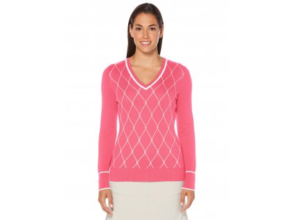 Callaway V Neck dámský golfový svetr růžový s kosočtverci