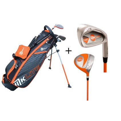 Kije golfowe MKids dla dzieci o wzroście około 145 cm (9-11 lat). Charakteryzują się lekkimi trzonkami zaprojektowanymi specjalnie do dziecięcych swingów, dopasowanymi kolorystycznie uchwytami i wysokiej jakości główkami ze stali nierdzewnej. (1)