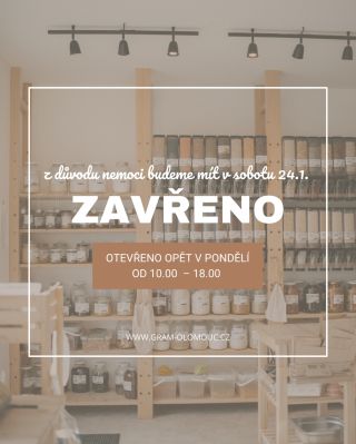 Milí zákazníci, zítra v sobotu budeme mít z důvodu nemoci zavřeno. Od pondělí se na vás opět těšíme v plné síle. Děkujeme...