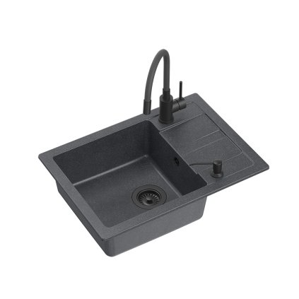 Černý kuchyňský granitový dřez QUADRON READY- SMART + CELOČERNÁ BATERIE A ČERNÝ DÁVKOVAČ TQ6244RSBLM