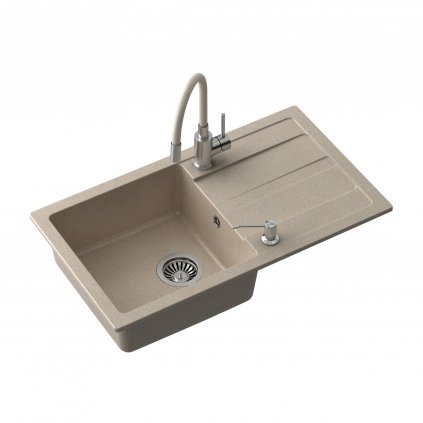 Béžový (pískový) kuchyňský granitový dřez QUADRON READY- MAX + BATERIE A DÁVKOVAČ NA SAPONÁT