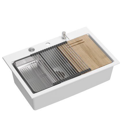 Bílý kuchyňský granitový dřez QUADRON Marc 110 s příslušenstvím bez baterie