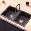 Černý dvoukomorový kuchyňský granitový dřez QUADRON DENZEL 120 bez baterie