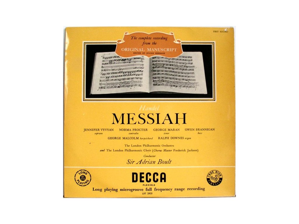 Handel - Jennifer Vyvyan, Norma Procter, George Maran, Owen Brannigan, The London Philharmonic Orchestra And The London Philharmonic Choir, Sir Adrian Boult ‎– Messiah