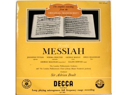 Handel - Jennifer Vyvyan, Norma Procter, George Maran, Owen Brannigan, The London Philharmonic Orchestra And The London Philharmonic Choir, Sir Adrian Boult ‎– Messiah