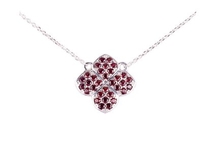garnet - silver necklace - four-leaf clover (8580)