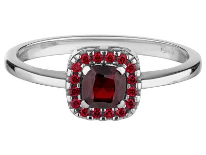 Stříbrný prsten s českým granátem, rhodiovaný - čtverec