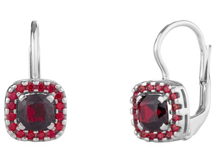 Stříbrné náušnice s českým granátem, rhodiované - čtverec