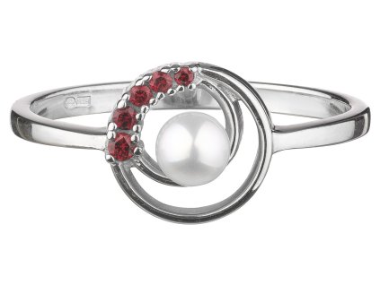 Stříbrný prsten s českým granátem a perlou, rhodiovaný - kruh