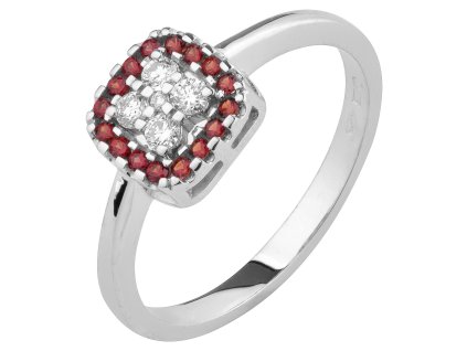 Zlatý prsten z bílého zlata s českým granátem a diamantem - čtverec