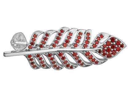 Stříbrná brož s českým granátem, rhodiovaná - pírko